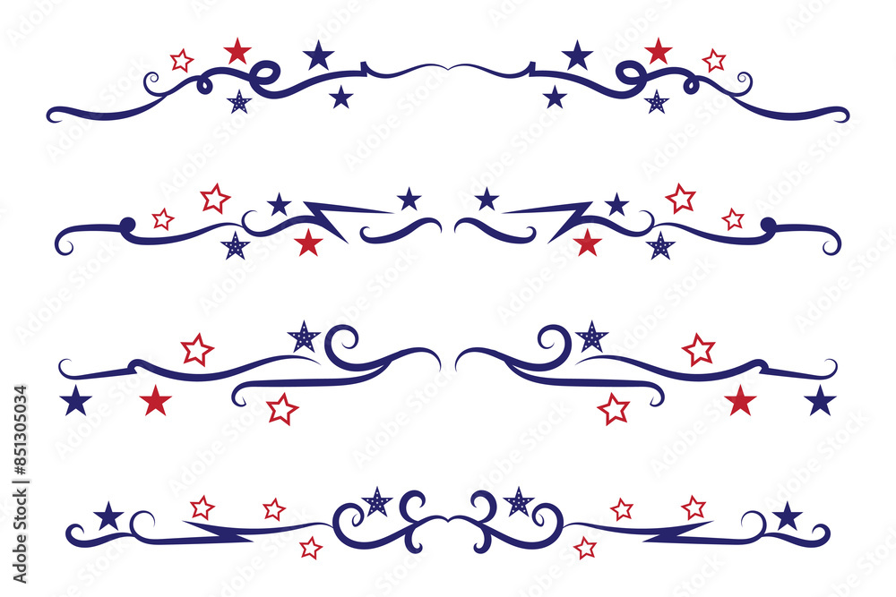 4th of July lettering header Ornate swirls, patriotic red stars, and blue Elegant fancy separators Decorative Elements, American Independence Day Calligraphy Flourishes text dividers 4th of July lettering header Ornate swirls, patriotic red stars, and blue Elegant fancy separators Decorative Elements, American Independence Day Calligraphy Flourishes text dividers