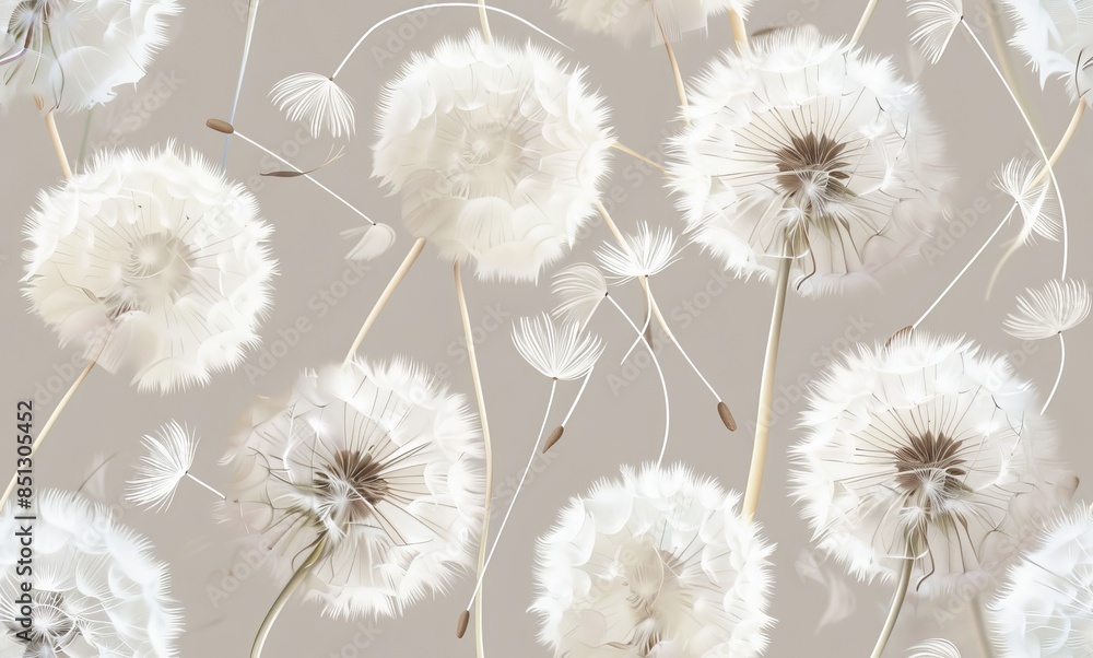 Obraz premium Background of large white fluffy dandelions on a beige-gray background 