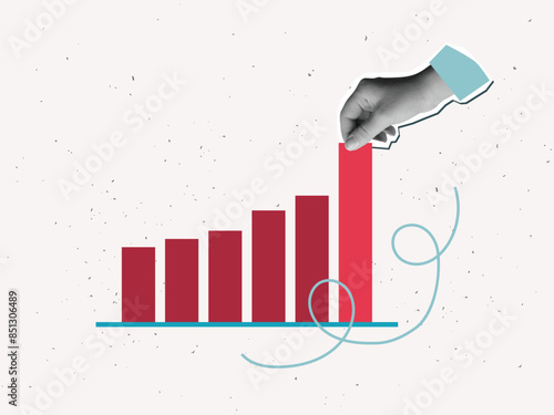 The hand pulls the graph column up. Growth support concept. Vector illustration in a modern collage style