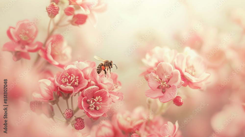 Obraz premium Bee delicately pollinating strawberry flowers in a lush, green farm background. Captured during springtime, this macro shot showcases the intricate beauty of nature.