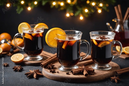 German christmas drink glÃ¼hbier. Hot beer with spices, cinnamon, anise stars, citrus and gloves. Mulled dark beer. photo