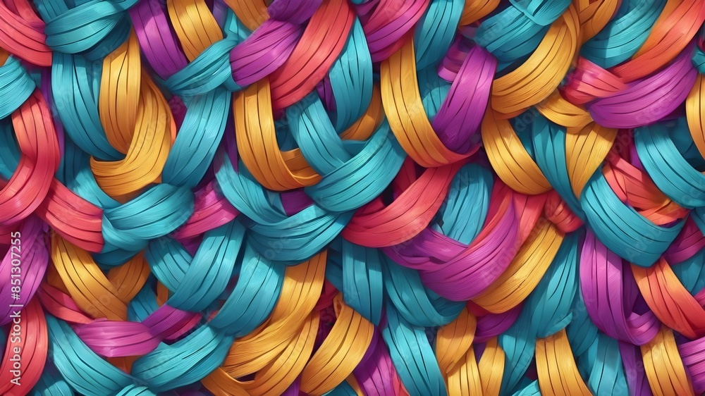 A colorful, multicolored, and twisted piece of fabric. The colors are blue, yellow, and red