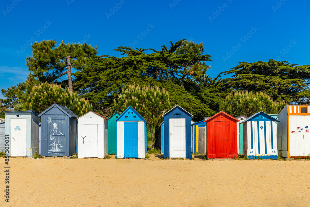 Colored beach huts of La Boirie beach in Saint-Denis-d'Oléron, France on Oleron island Colored beach huts of La Boirie beach in Saint-Denis-d'Oléron, France on Oleron island