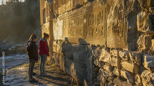 Teenagers examining strange, cryptic symbols carved into the stone walls of an abandoned building, the fading light of the setting sun casting long shadows photo