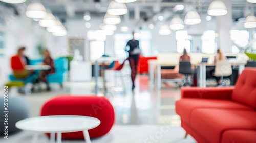 Wallpaper Mural Blurred, modern office with colorful furniture and open-plan layout, capturing a dynamic and collaborative workspace. Bright lighting, casual atmosphere. Torontodigital.ca