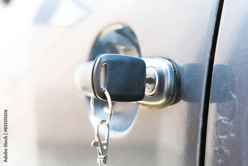 The key is in the keyhole of the car door. The key is in the keyhole of the car door.