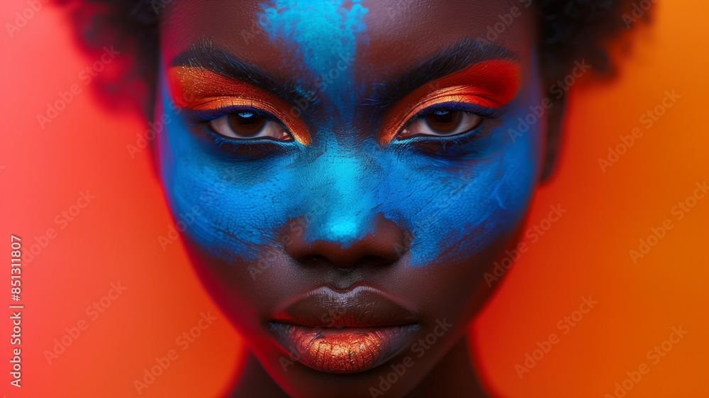 Portrait of a woman with a painted face showcasing beauty, fashion, and elegance, emphasizing close-up detail and expressive eyes Portrait of a woman with a painted face showcasing beauty, fashion, and elegance, emphasizing close-up detail and expressive eyes
