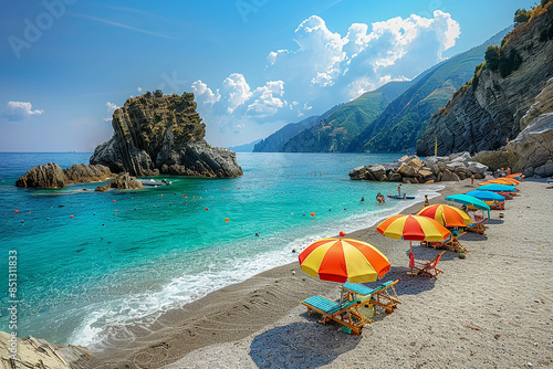 Fototapeta Naklejka Na Ścianę i Meble -  The beach of Monterosso al Mare in Cinque Terre, Italy with colorful umbrellas and chairs on the sand, overlooking an isolated rock formation, clear blue sea water, clear sky, and distant mountains. T