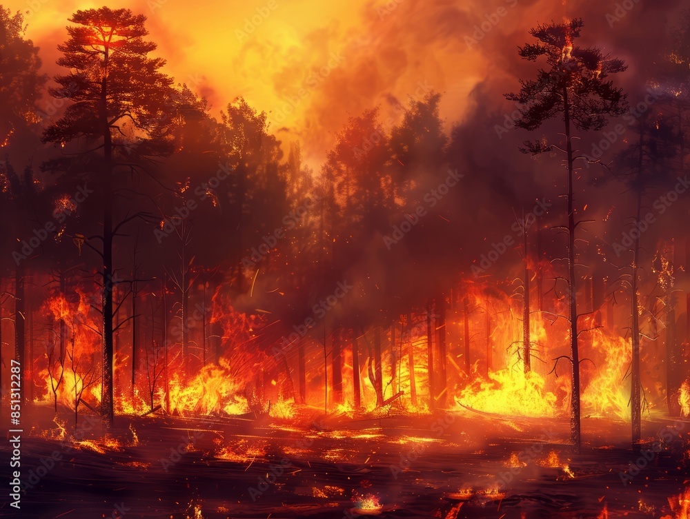 Forest fire disaster illustration, trees burning. wildfire nature destruction, damaged environment caused by global warming and human error Forest fire disaster illustration, trees burning. wildfire nature destruction, damaged environment caused by global warming and human error
