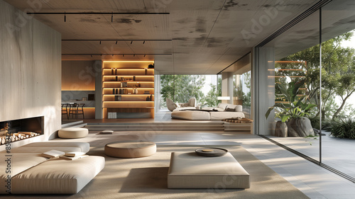 Modern living room interior with fireplace, furniture, and elegant design in a spacious home