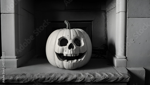 Spooky laughing pumpkin and ancient skull on gothic fireplace