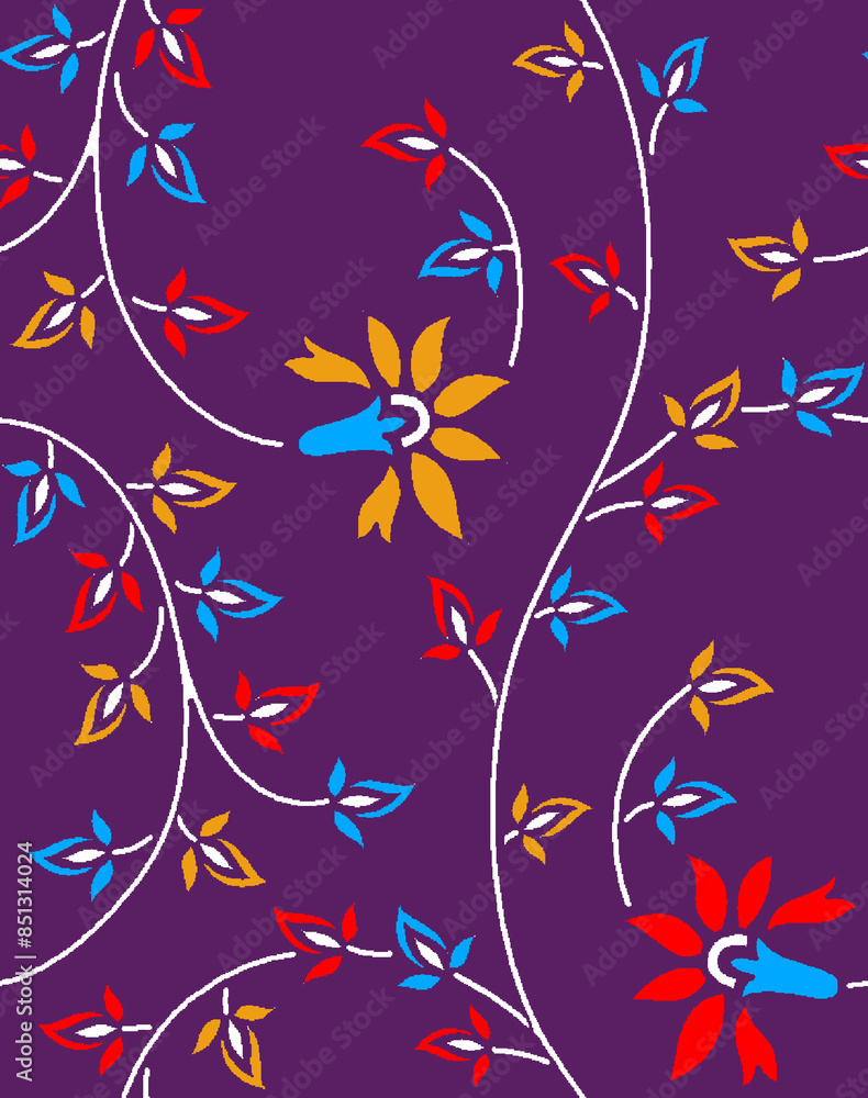 Fototapeta premium Seamless floral illustration features intricate patterns and bold colors, perfect for enhancing digital and print designs. Ideal for use in textiles, wallpapers, packaging, and branding materials etc.