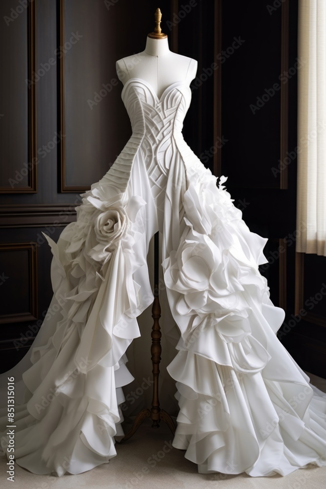 Fototapeta premium Modern white wedding dress on mannequin. Generative AI
