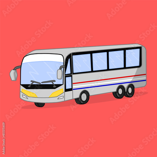 bus is a large motor vehicle carrying passengers or public by road on a fixed route and for a fare. The bus is silver with blue, red and white stripes with windows and orange lights