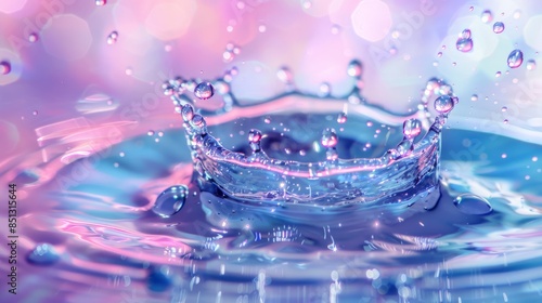 A high-speed photograph captures a water droplet impact, forming a perfect crown-like splash