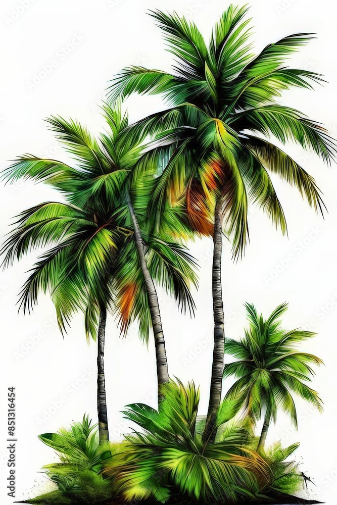 The palm trees have tall, slender trunks and lush, The palm trees have tall, slender trunks and lush,