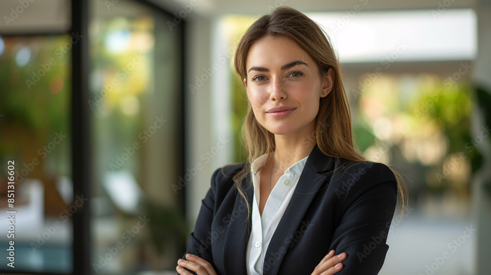 Confident Professional Woman Standing with Arms Crossed in a Stylish Modern Office Environment Confident Professional Woman Standing with Arms Crossed in a Stylish Modern Office Environment