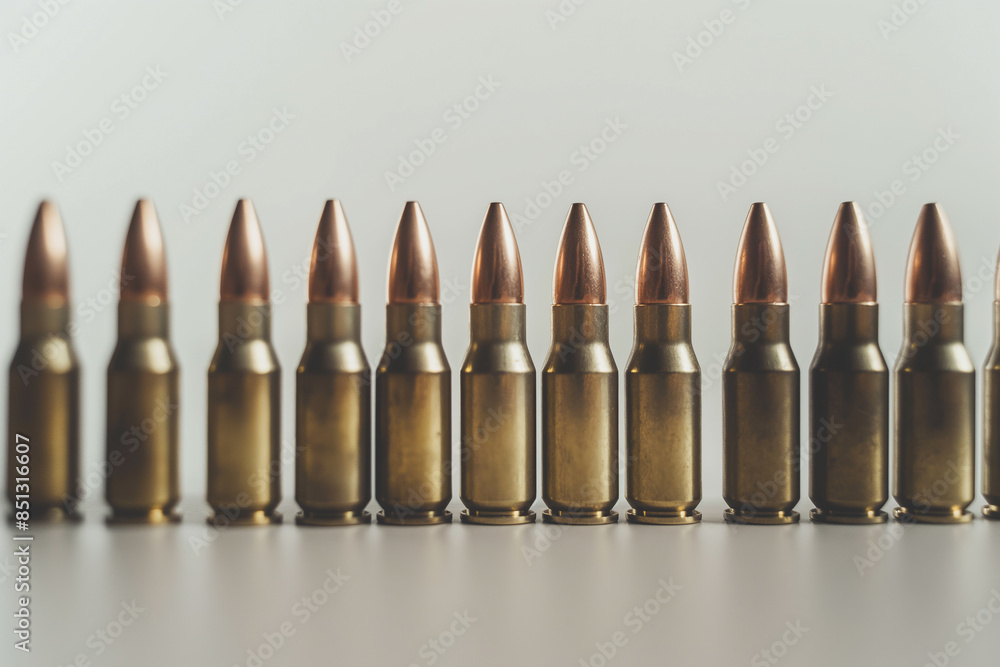 A row of 762x39mm bullets on a white background A row of 762x39mm bullets on a white background
