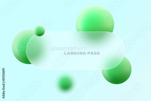 Website landing page template in glass morphism style. Horizontal presentation screen with the effect of glass overlay on green spheres.
