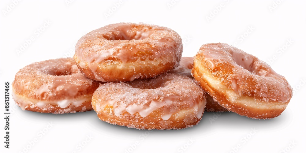 Stack of glazed cinnamon donuts on a white background with clipping path. Stack of glazed cinnamon donuts on a white background with clipping path.