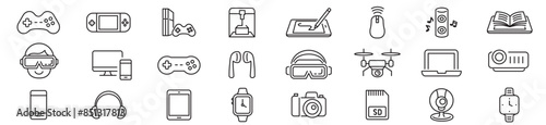 gadgets icon set. Game, gaming, VR, 3D printer, drone, tablet, smartphone, laptop, smartwatch mouse and headphones. Editable stroke icons collection vector illustration.