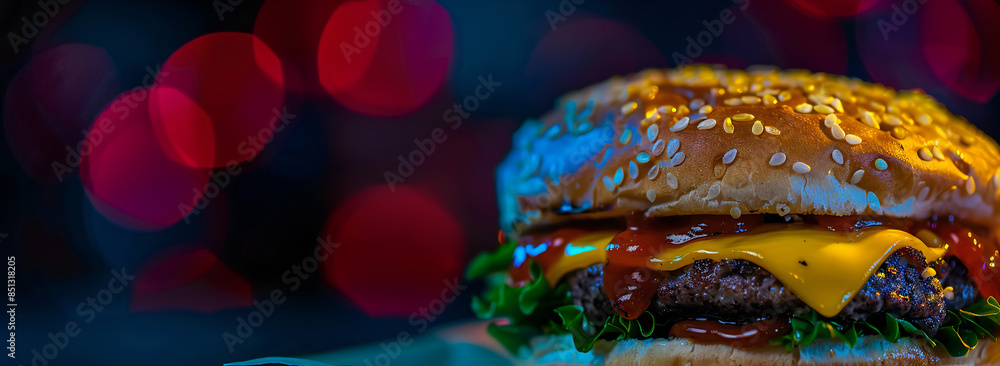 Close-up Tasty burger with beef, tomato, pickled, onion, lettuce and sauce Close-up Tasty burger with beef, tomato, pickled, onion, lettuce and sauce