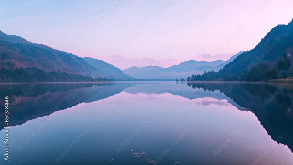 A tranquil lake at sunrise mirroring the mountains in its still waters A tranquil lake at sunrise mirroring the mountains in its still waters