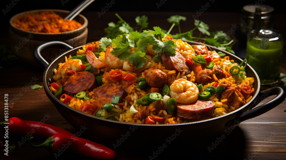 A pan filled with rice and vegetables on a wooden table A pan filled with rice and vegetables on a wooden table