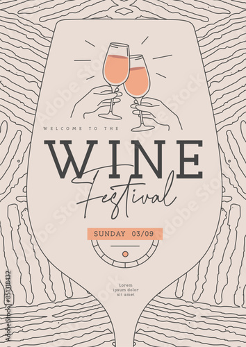 Wine festival party poster with abstract texture and wine glasses. Line art vector illustration
