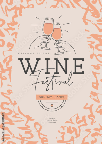 Wine festival party poster with abstract texture and wine glasses. Line art vector illustration