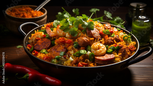  A pan filled with rice and vegetables on a wooden table © Dx