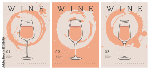 Set of modern line art magazine covers or posters with wine glasses and abstract paint circles. Vector illustration