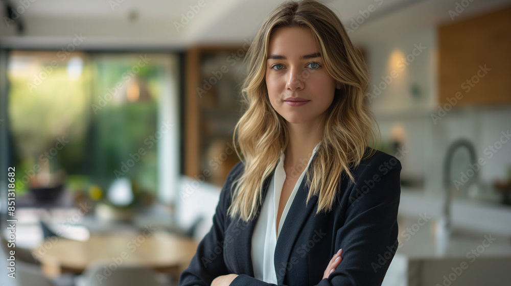 Fototapeta premium Confident Professional Woman Standing with Arms Crossed in a Stylish Modern Office Environment