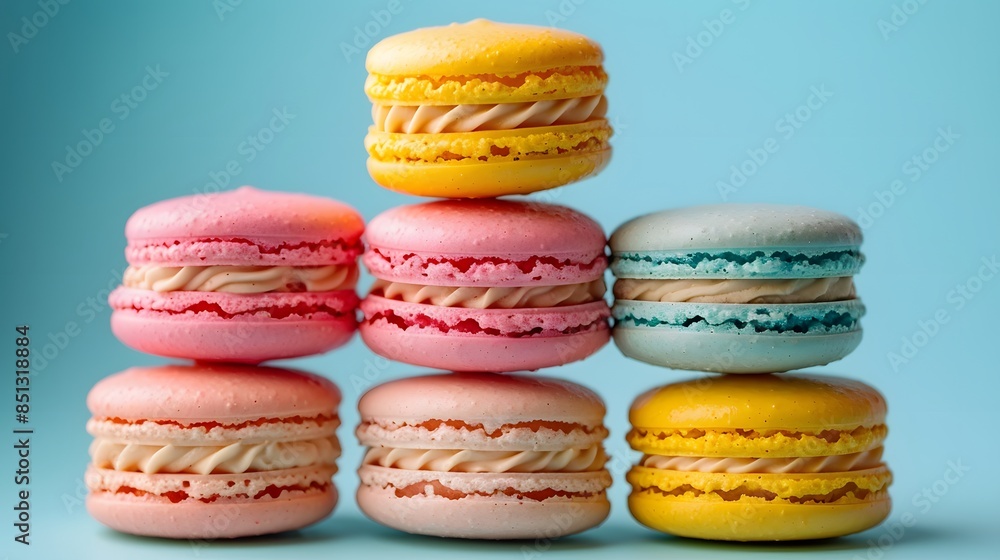 Fototapeta premium Colorful Macarons Stacked on Blue Background