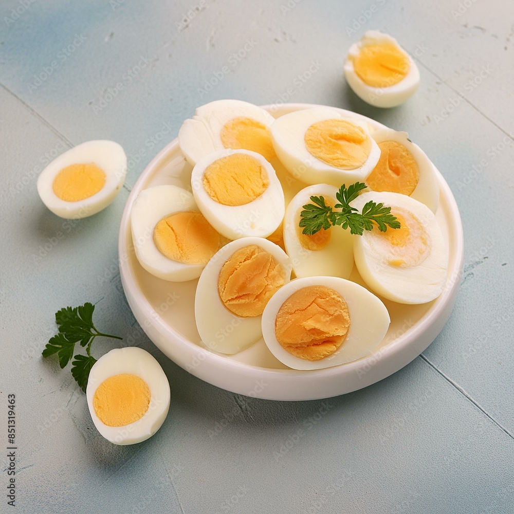 Fresh healthy boiled eggs on blue background