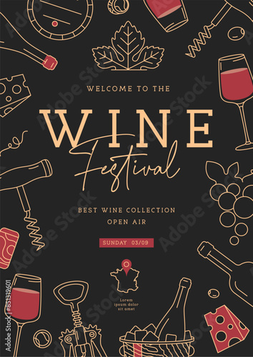 Wine festival party poster with wine attributes. Line art vector illustration