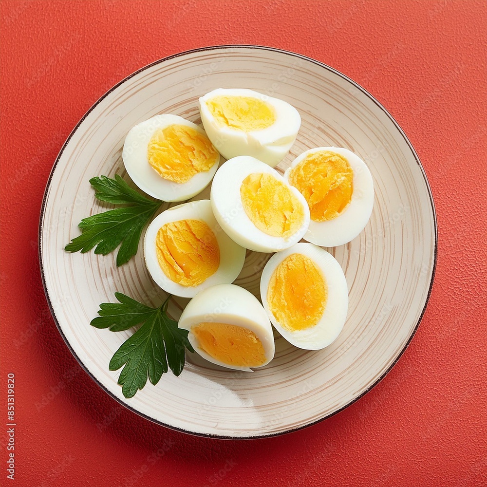 Fresh healthy boiled eggs on red background Fresh healthy boiled eggs on red background