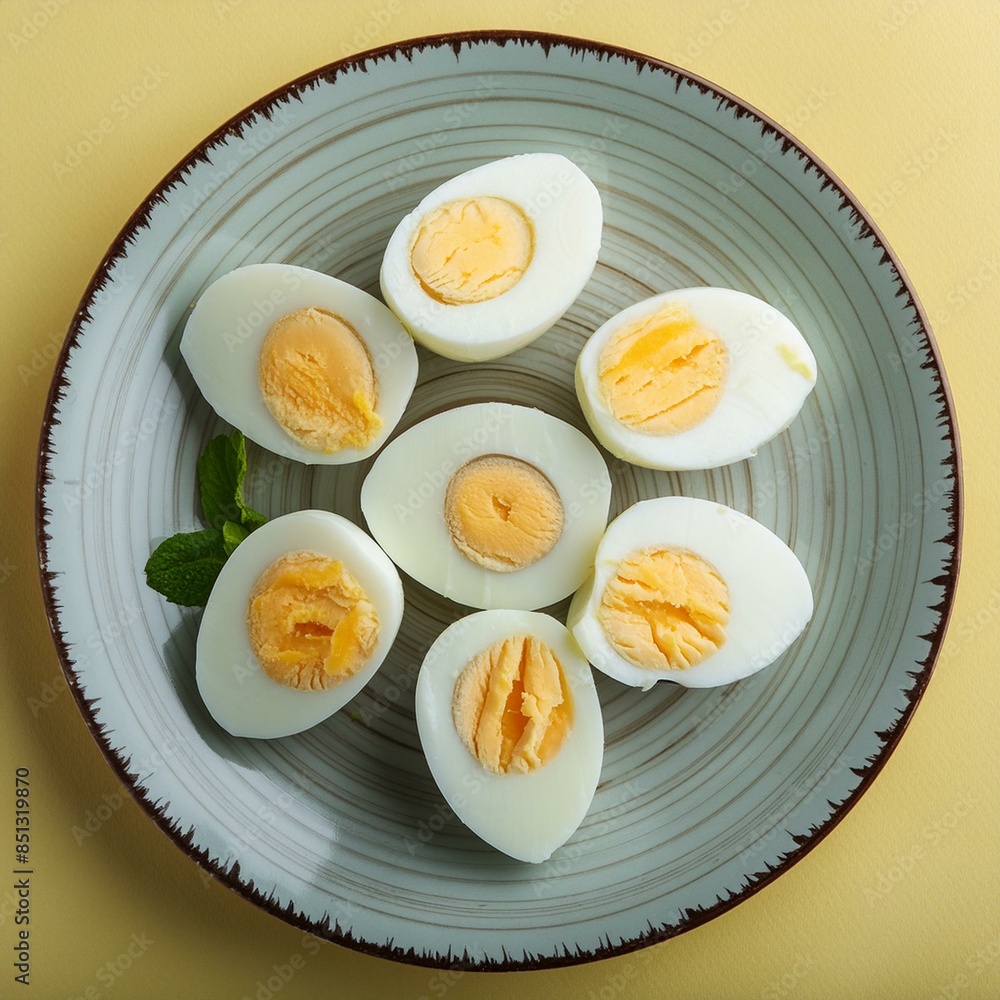 Fresh healthy boiled eggs on yellow background Fresh healthy boiled eggs on yellow background