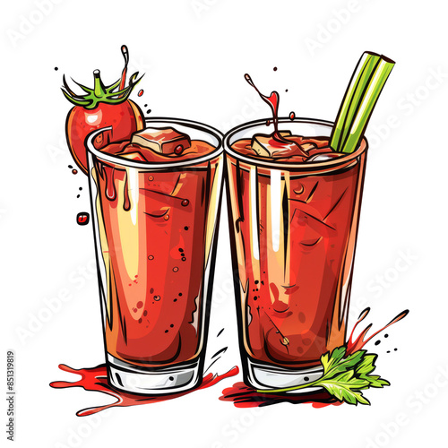 A pair of Bloody Mary glasses filled with a spicy tomato mixture and a stick of celery photo