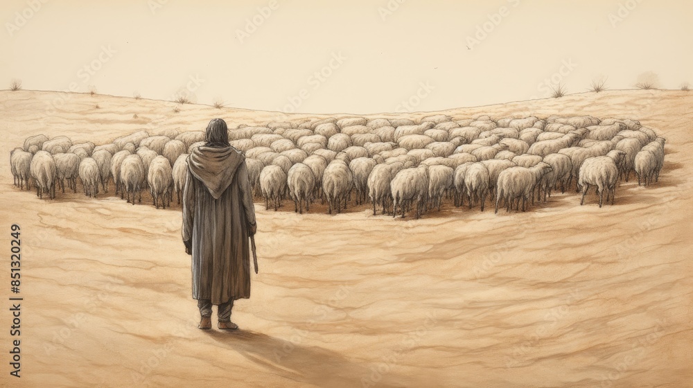 Parable of the Lost Sheep, Shepherd's Dedication Illustrated on Beige ...
