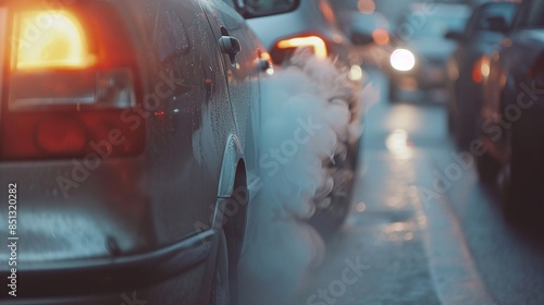 Air pollution from car exhaust smoke in city traffic, focusing on reducing global warming pollution and carbon dioxide from engine combustion photo