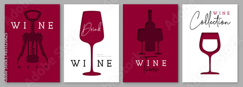 Set of abstract cut out modern wine covers or posters. Wine tasting. Restaurant menu. Vector illustration