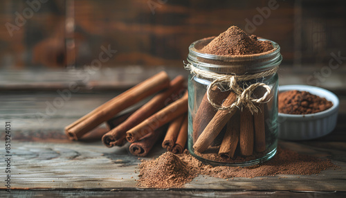 Ground cinnamon, cinnamon sticks, tied with jute rope on old wooden background in rustic style photo