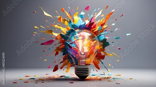 An inventive technique to create a colorful light bulb explosion using paint and shards. Concept, think in a new way. Innovation, business, and the development of new technologies photo