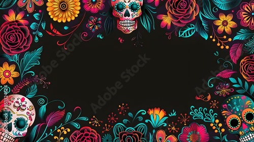Doodle Print Border Design with Blank Space for Day of the Dead Inspired Background