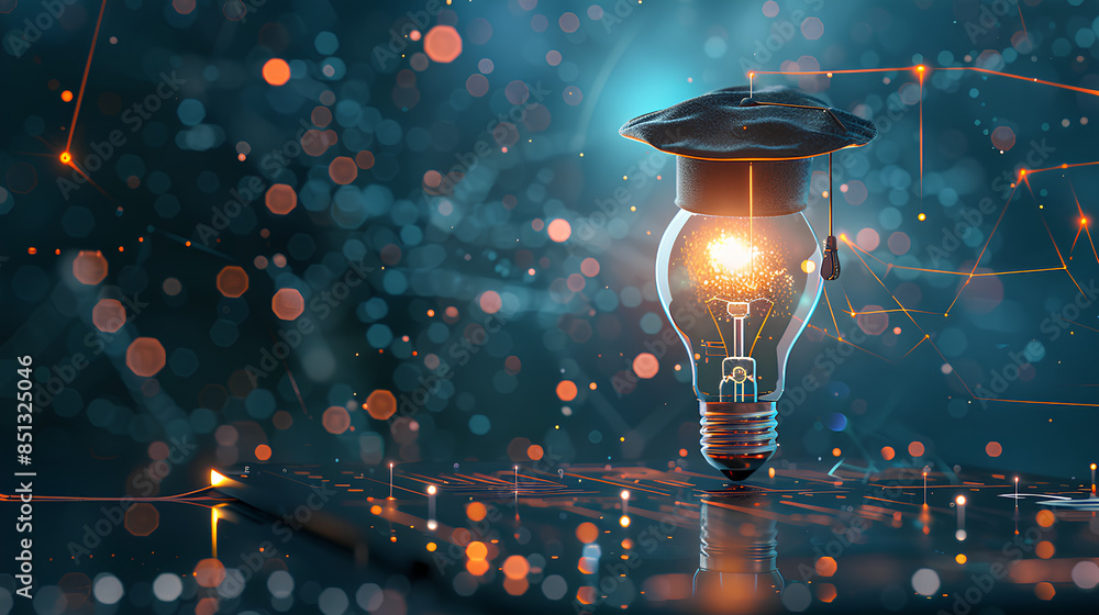 © suldev - Futuristic smart education with bachelor cap and light bulb on blue background