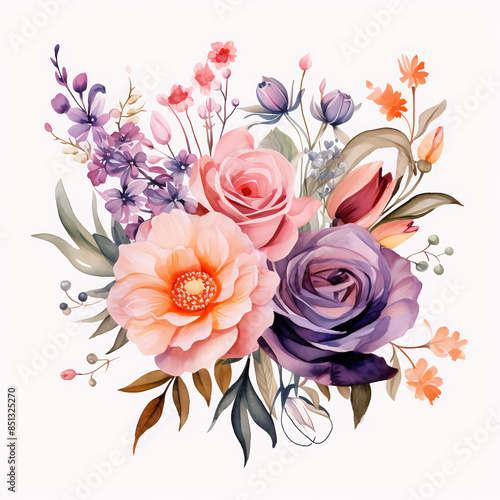 Watercolor flowers with a pink one on a white background © PhotoToolsAi