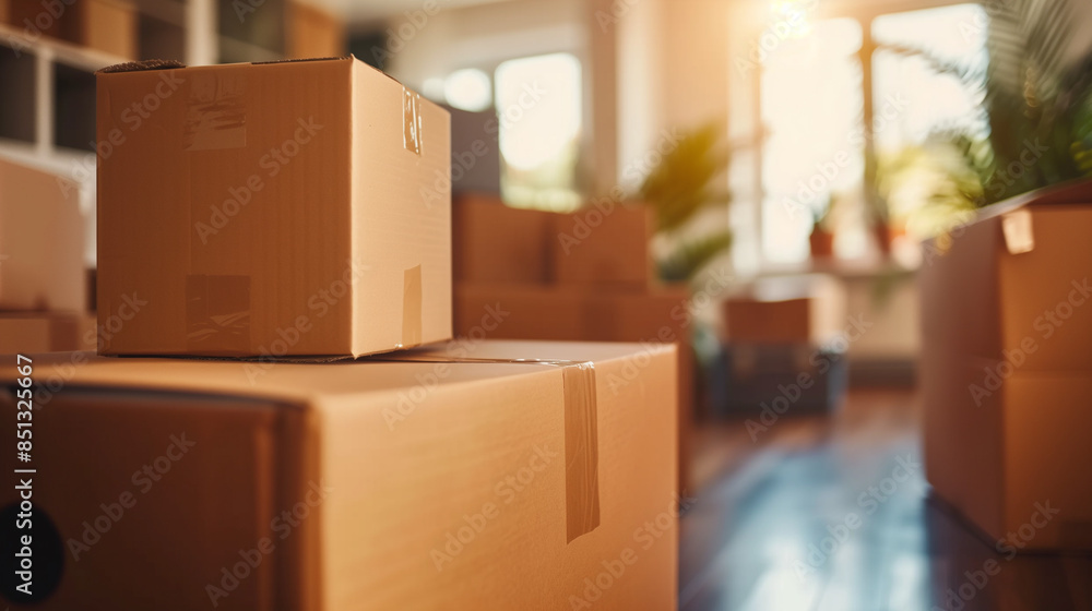 Three cardboard moving boxes stacked on top of each other in a well-lit room, symbolizing the process of moving or relocation. Three cardboard moving boxes stacked on top of each other in a well-lit room, symbolizing the process of moving or relocation.