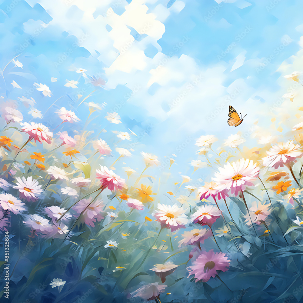 A painting of flowers and butterflies in a field A painting of flowers and butterflies in a field