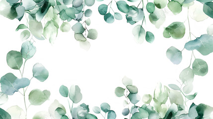 Herbal eucalyptus leaves frame isolated on a white background. Greenery wedding simple minimalist invitation. Watercolor style card